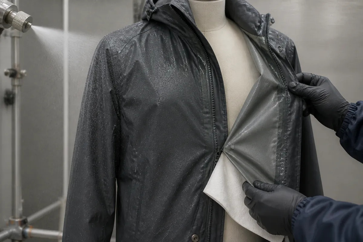Conceptual controlled spray review of an unbranded nylon shell while an interface is inspected