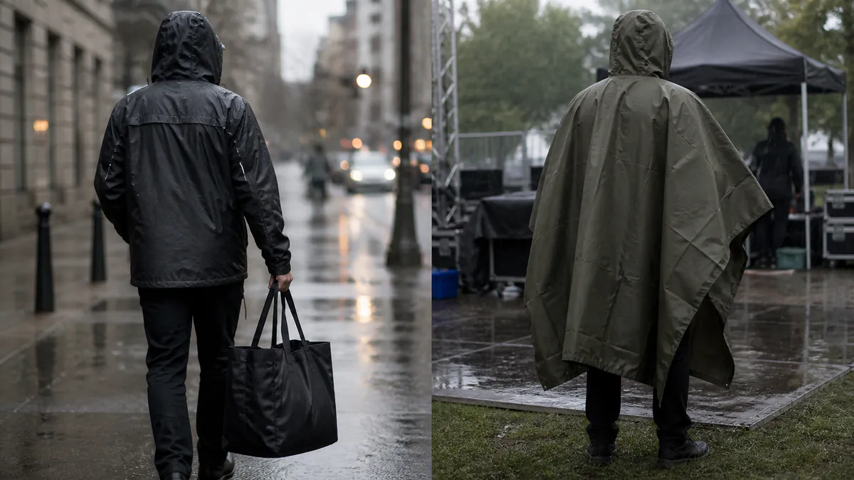 Unbranded nylon jacket used for urban mobility and a hooded poncho used at an outdoor event