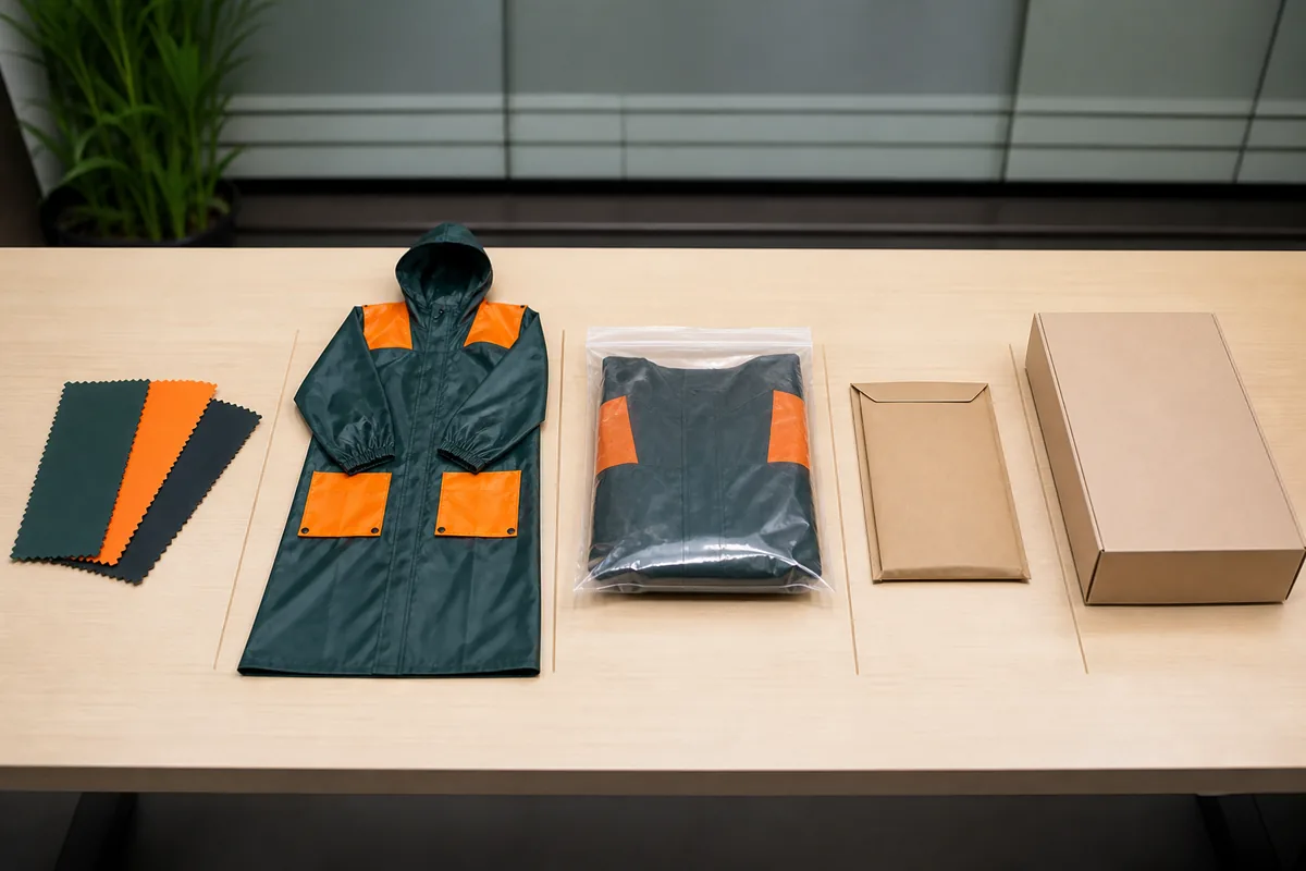 Polyester rainwear buyer workflow from controlled RFQ through sample evidence inspection and carton release