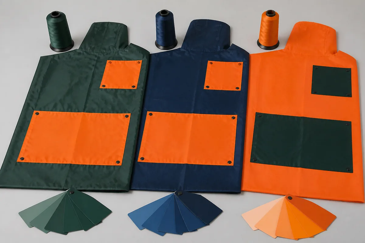 Coated polyester color swatches blank artwork trials zipper tape and reflective trim prepared for approval