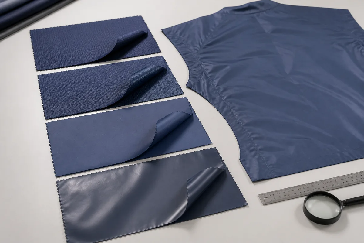 Coated polyester swatches with different weave scale hand and backing prepared for material comparison