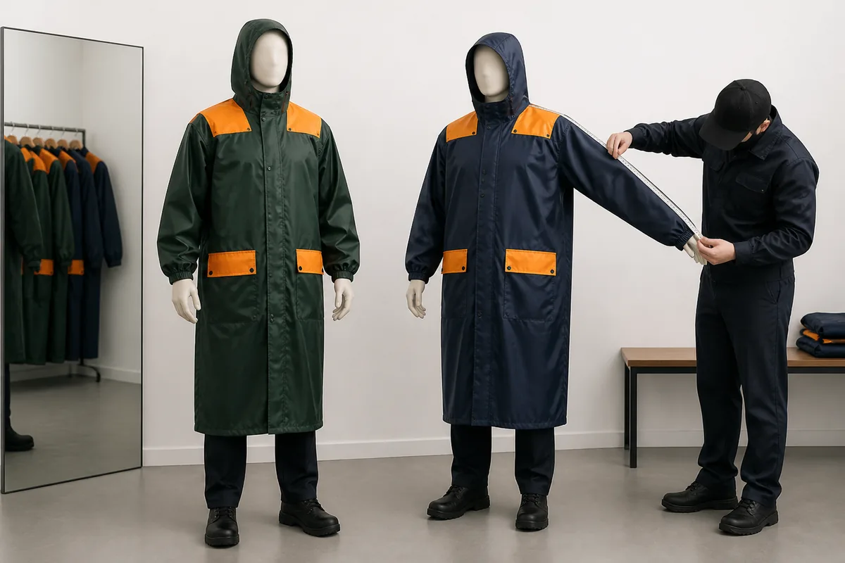 Unbranded polyester rain jacket and trousers reviewed over work layers during reach and kneeling poses