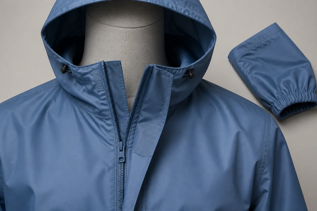 Coated polyester hood collar storm flap cuff and zipper interfaces arranged for buyer usability review
