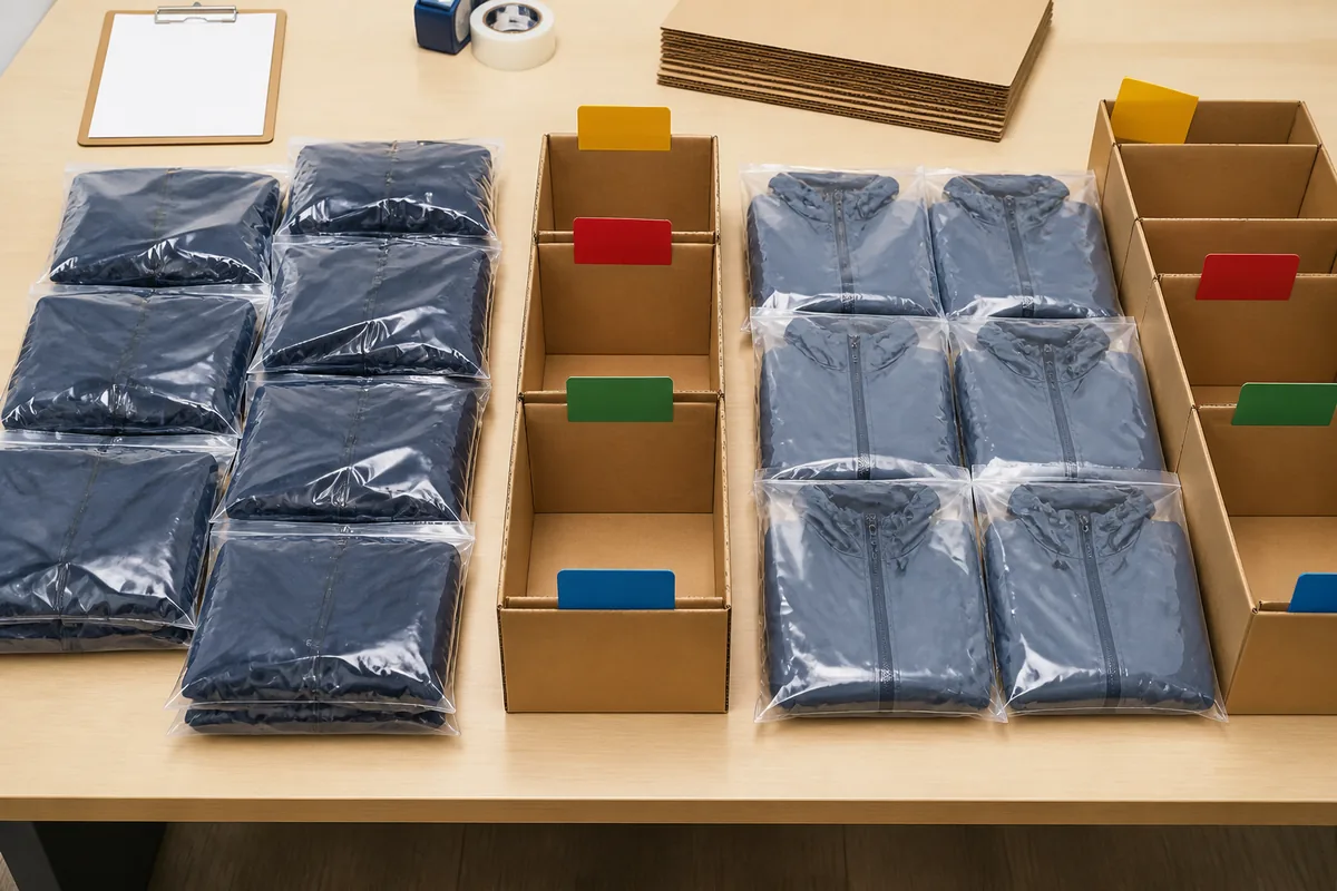 Folded coated polyester rainwear grouped by size color and destination beside plain export cartons