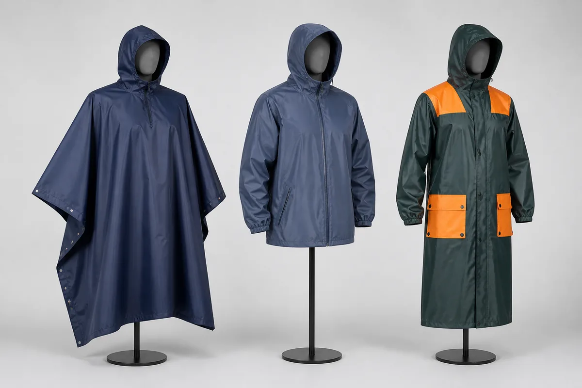 Unbranded custom polyester jacket poncho and rain suit arranged for B2B sample review