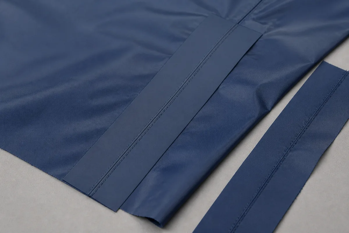 Inside view of coated polyester seam tape junctions arranged for compatibility and workmanship review