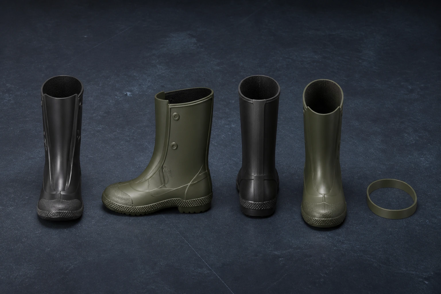 Complete PVC rain boots prepared for an importer construction and fit comparison