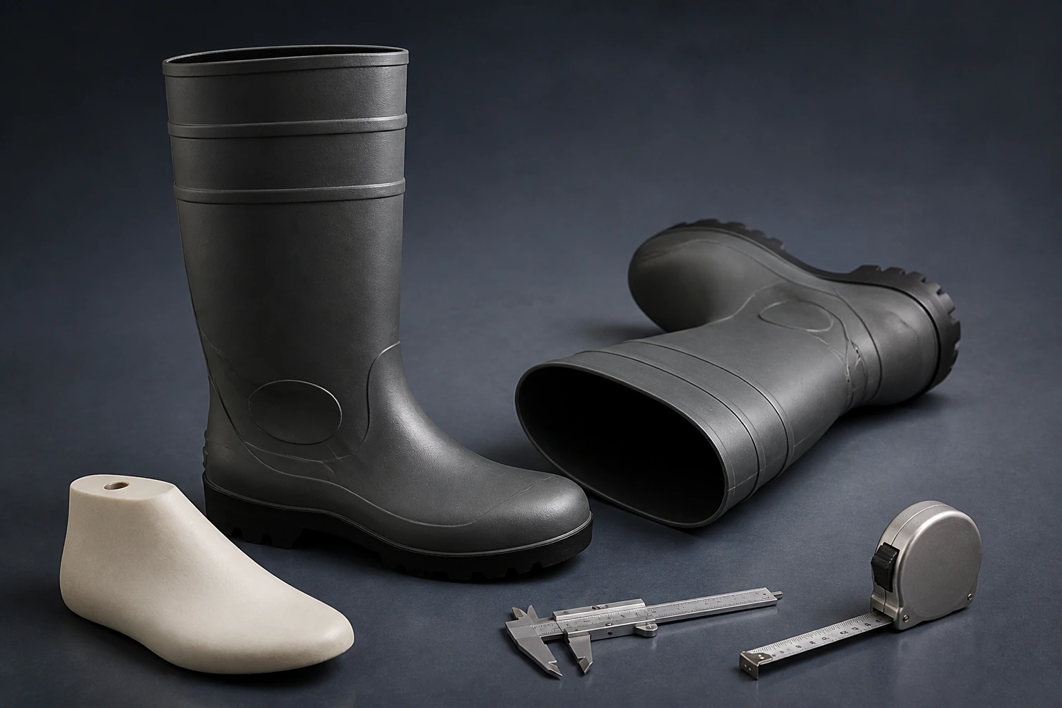 Complete black boots with a last and measuring tools