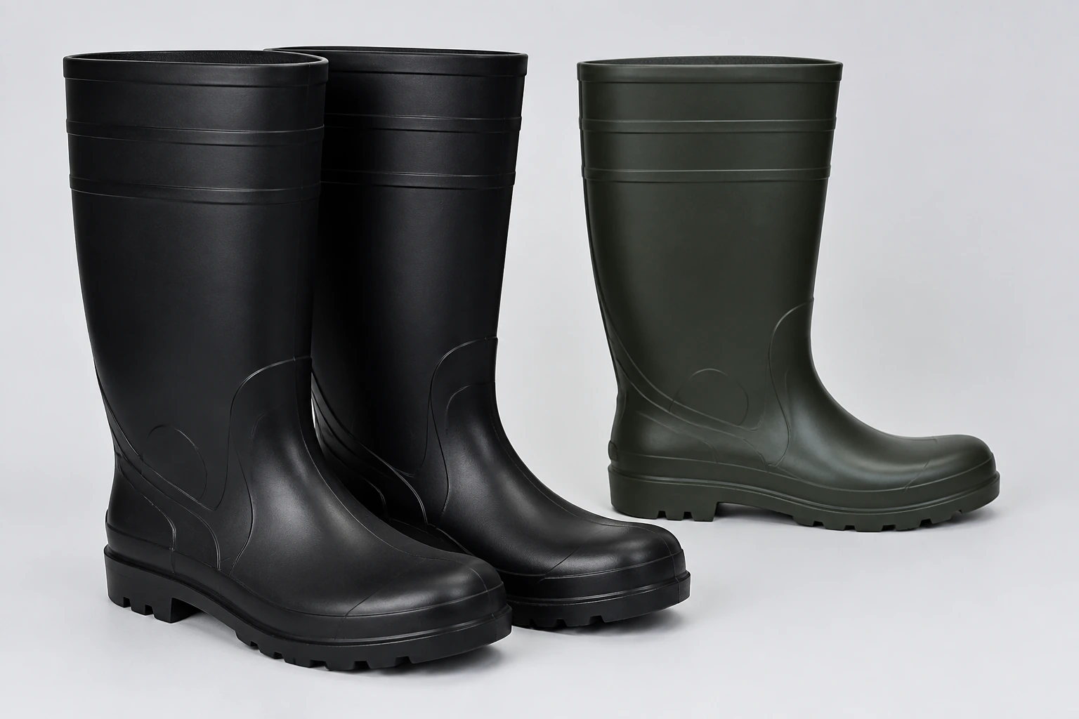 Complete black PVC rain boot pair shown without cropping for wholesale specification