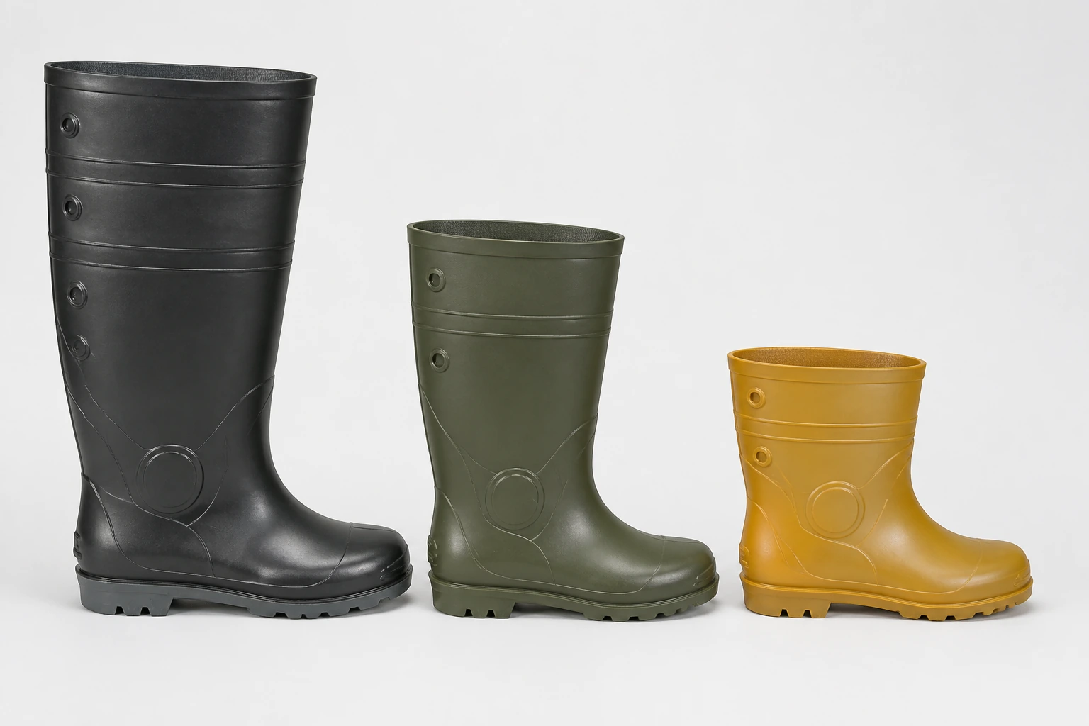 Adult and child PVC boots shown as complete size-route references