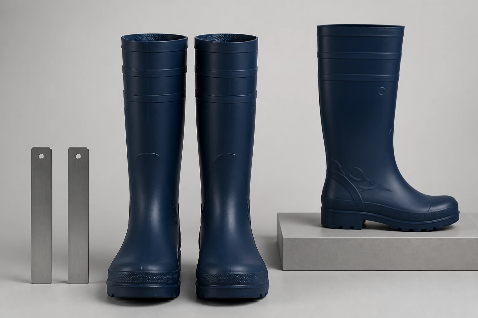 Complete molded boots displayed for finishing inspection