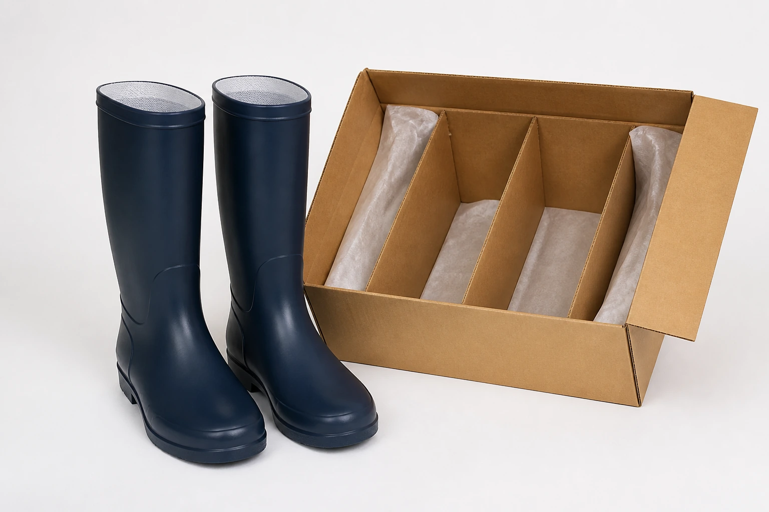 Navy PVC boots beside an open unmarked pack carton