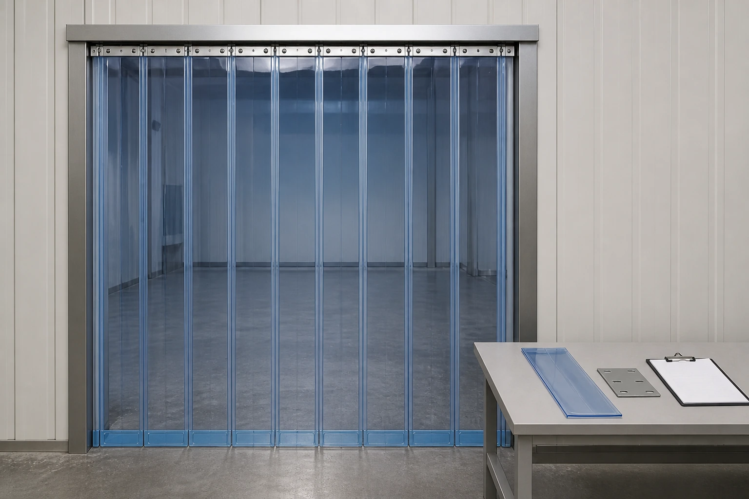 Complete PVC strip curtain doorway beside a buyer inspection sample set