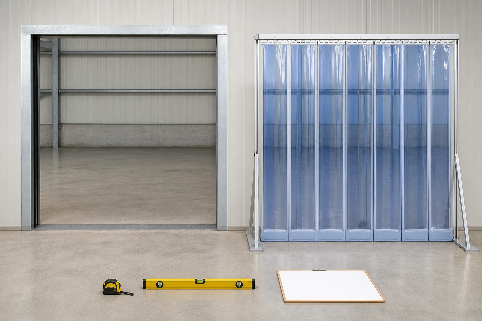 Complete empty opening beside a complete freestanding PVC strip curtain and planning tools