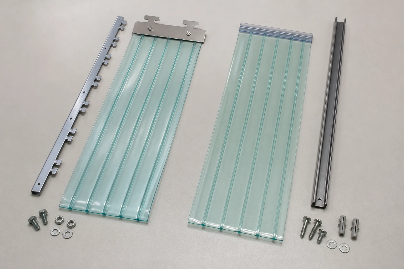Two complete generic PVC strip hanging routes with separate rails and fasteners