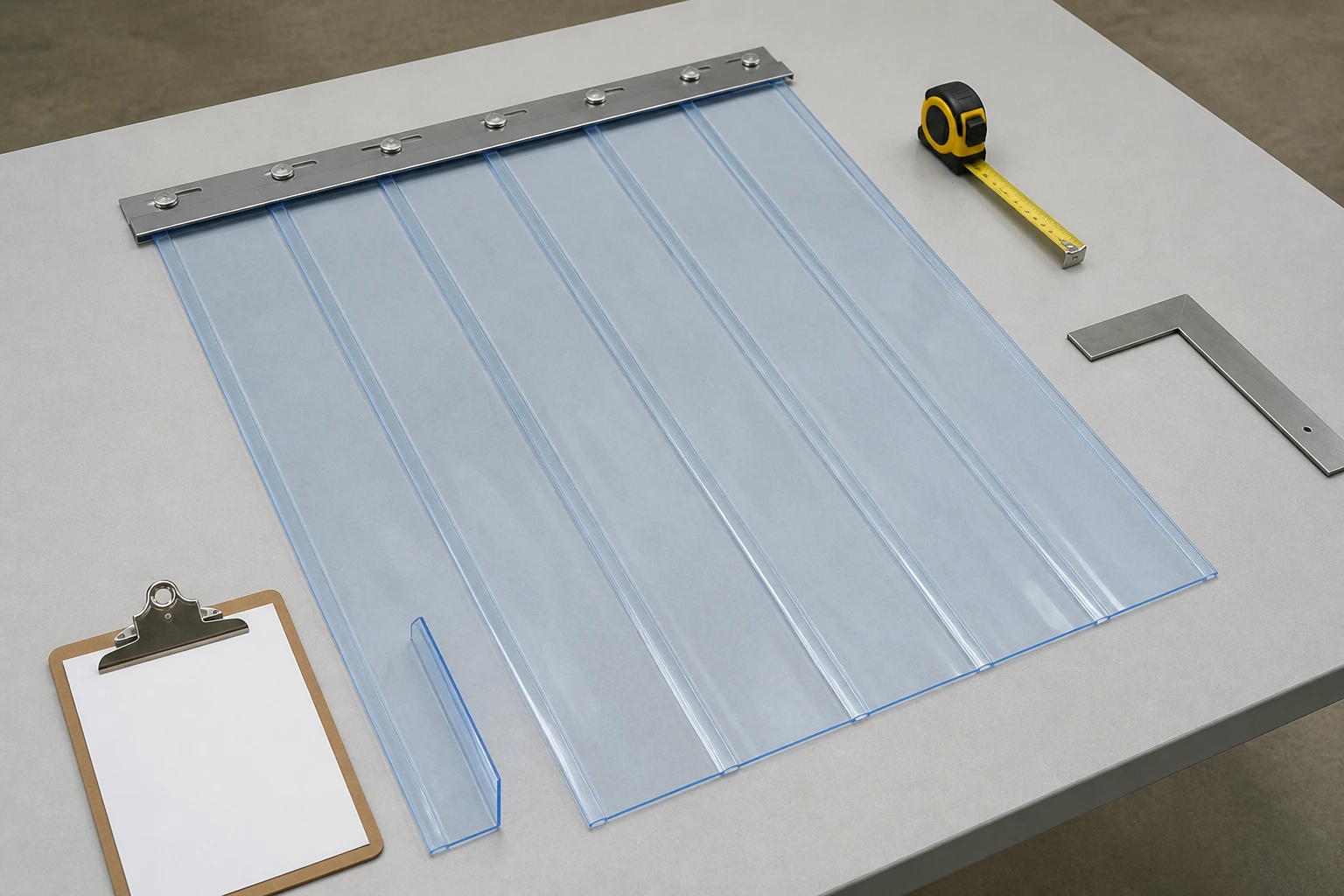 Complete loose PVC strip with neutral measuring tools and blank site-record clipboard