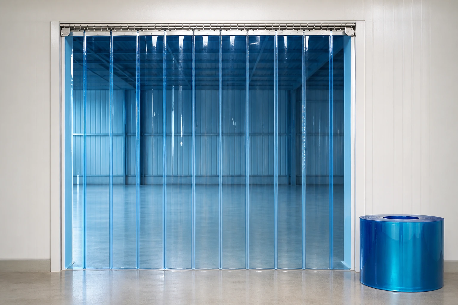 Complete blue-tinted industrial PVC strip curtain doorway with a full spare roll