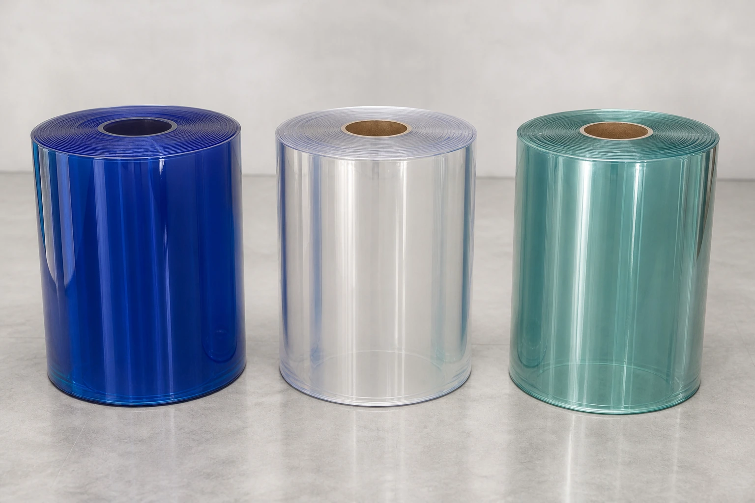Three complete translucent PVC strip-material rolls in blue, clear and green