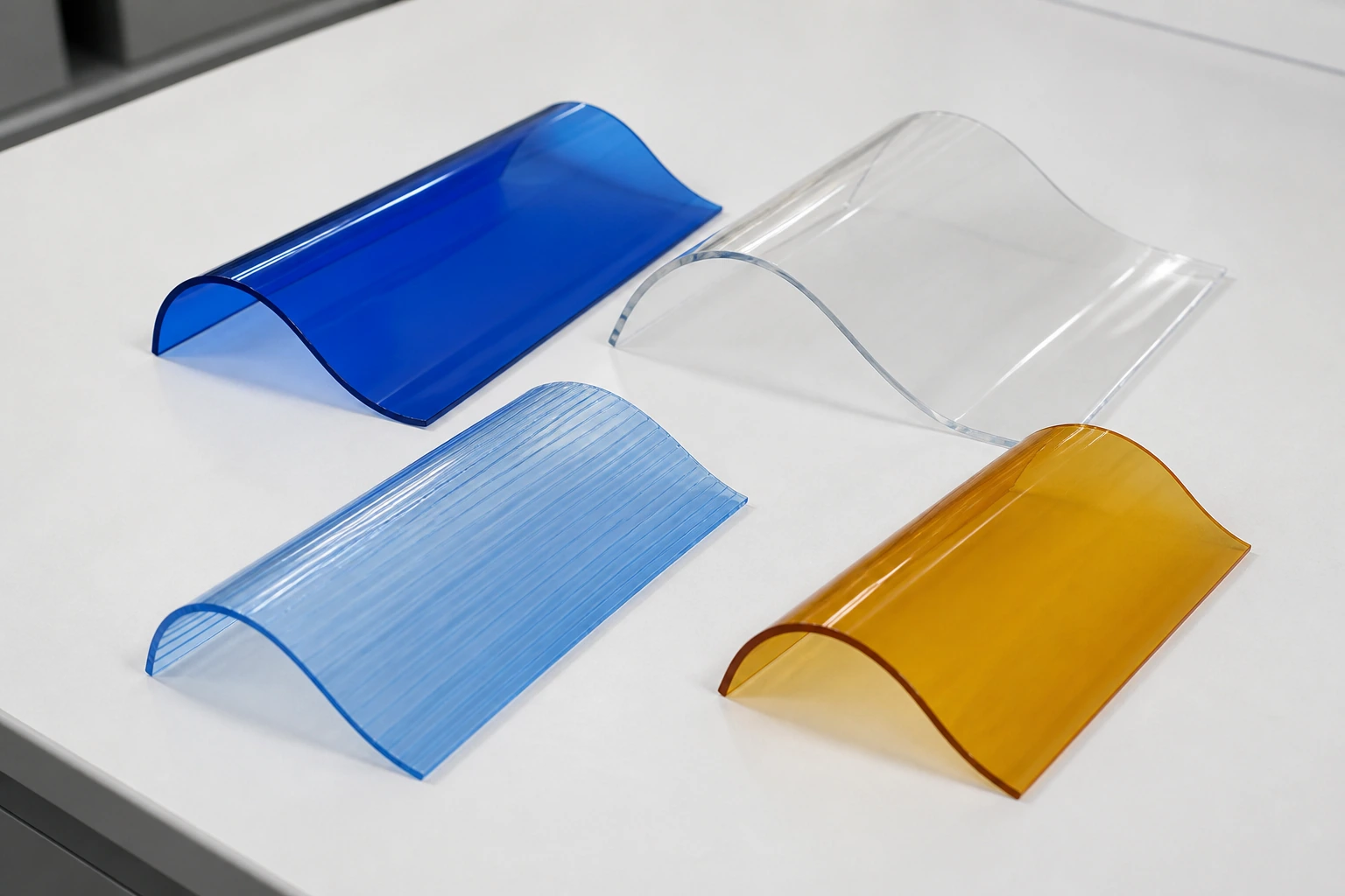 Four complete curved PVC strip samples comparing smooth and ribbed surfaces