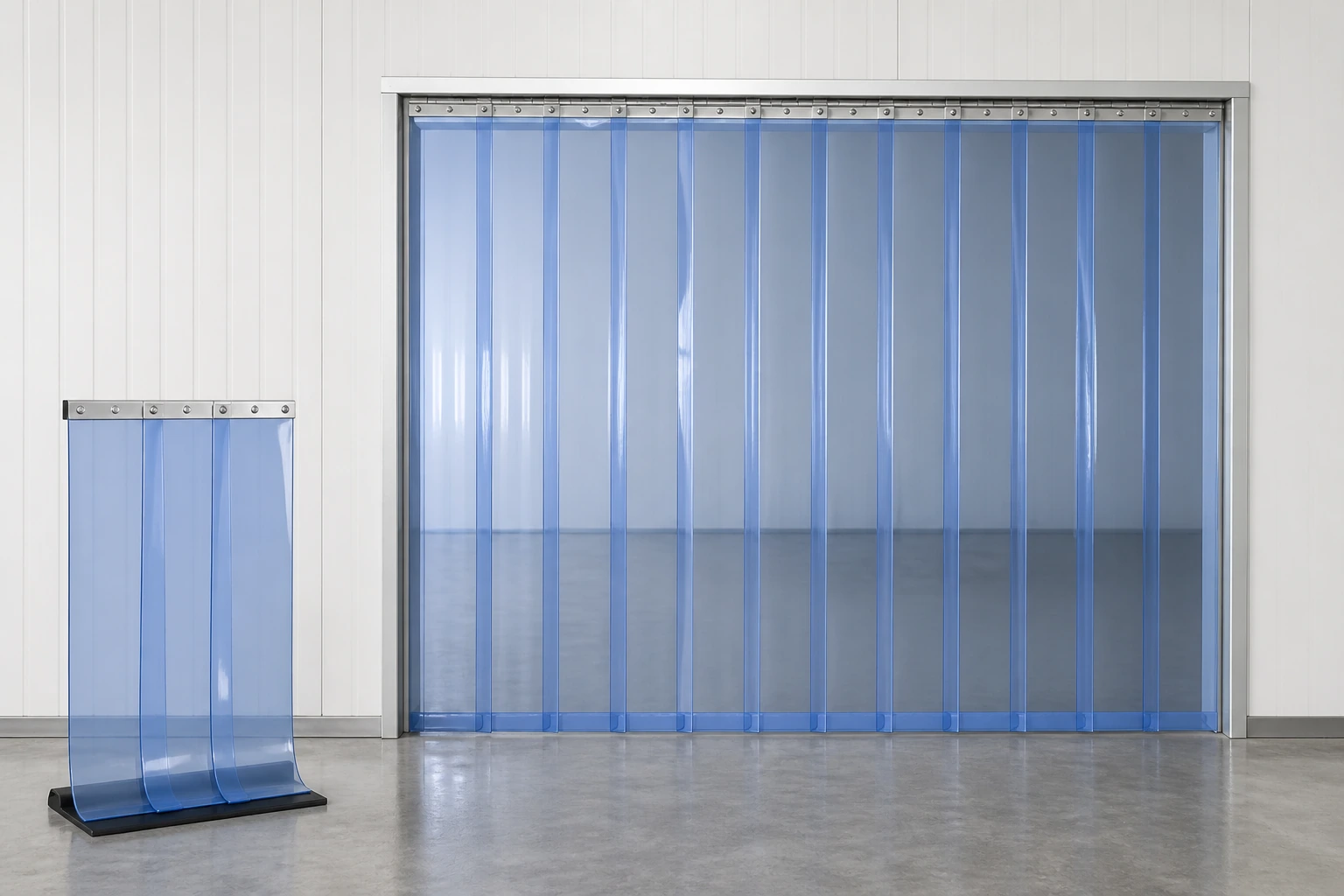 Complete installed strip doorway beside a smaller overlap review bay