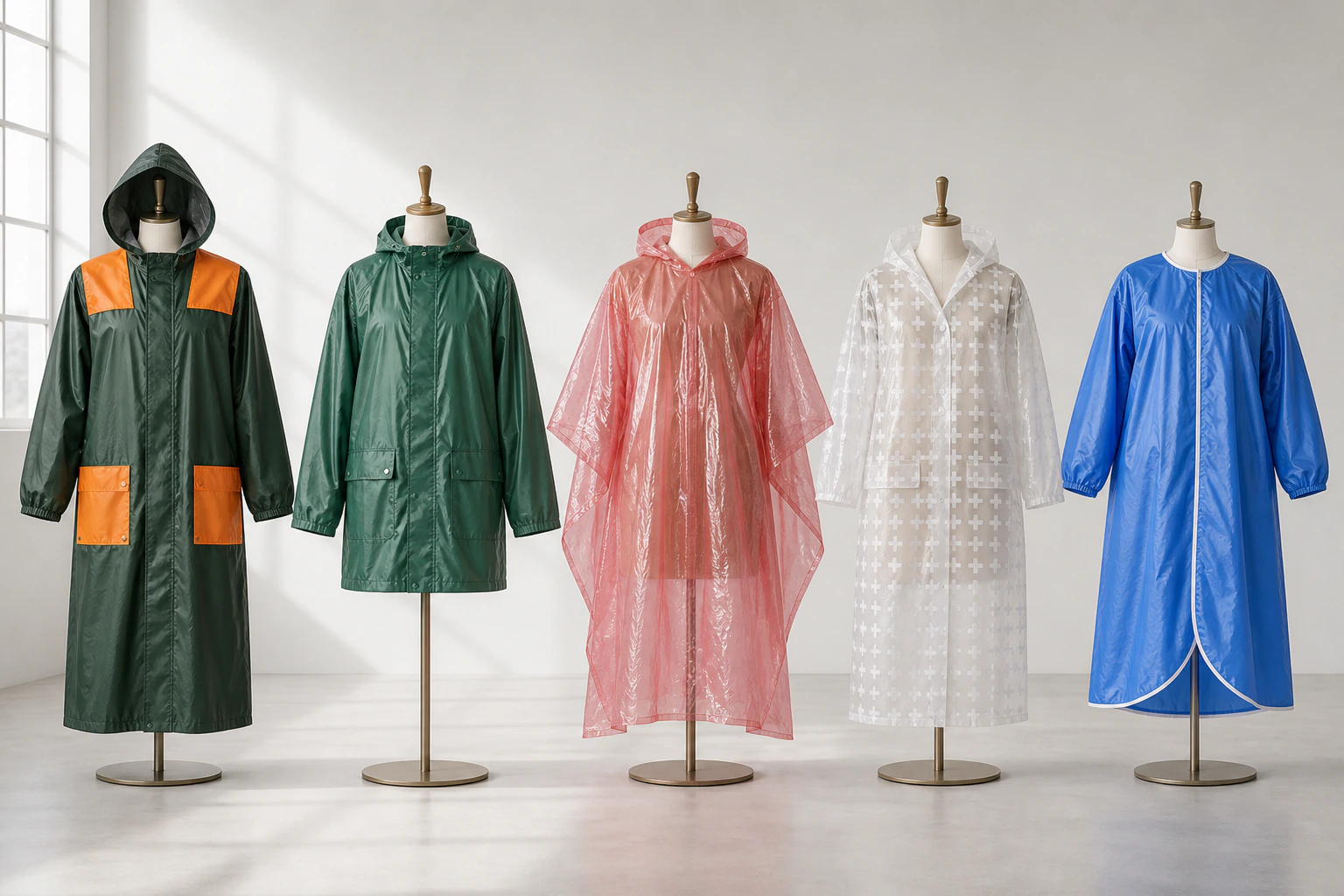 Five complete unbranded rainwear forms including a long coat, jacket, translucent poncho, clear patterned coat and blue work cape