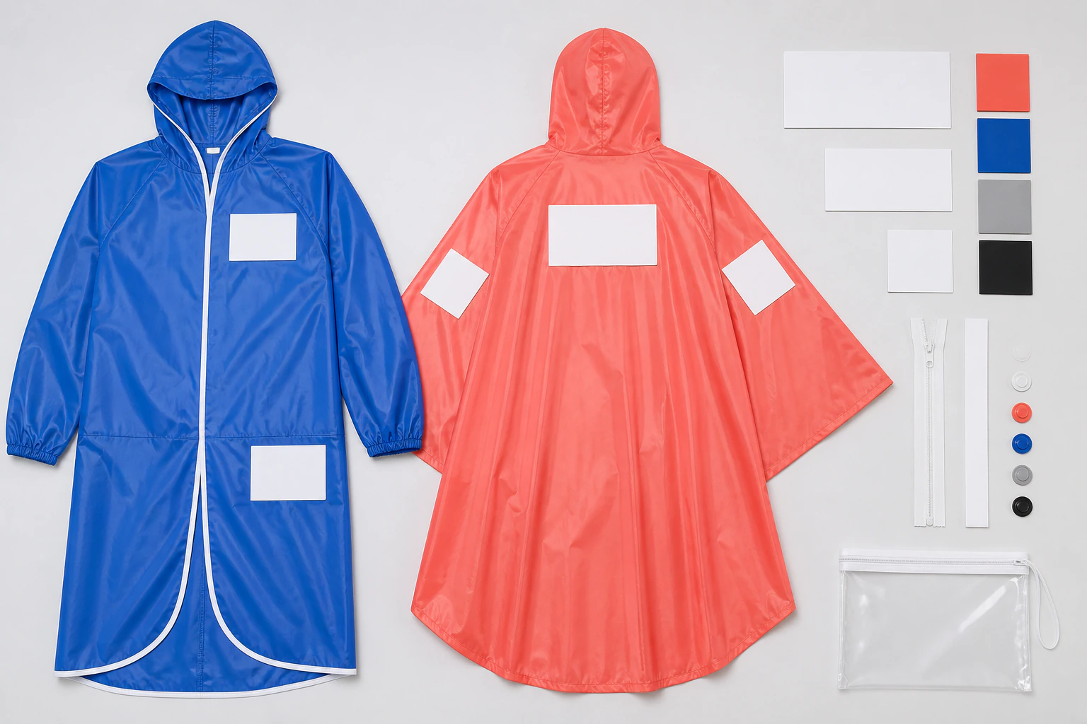 Complete cobalt raincoat and coral poncho beside blank placement cards, color chips, trim samples and an unbranded pouch