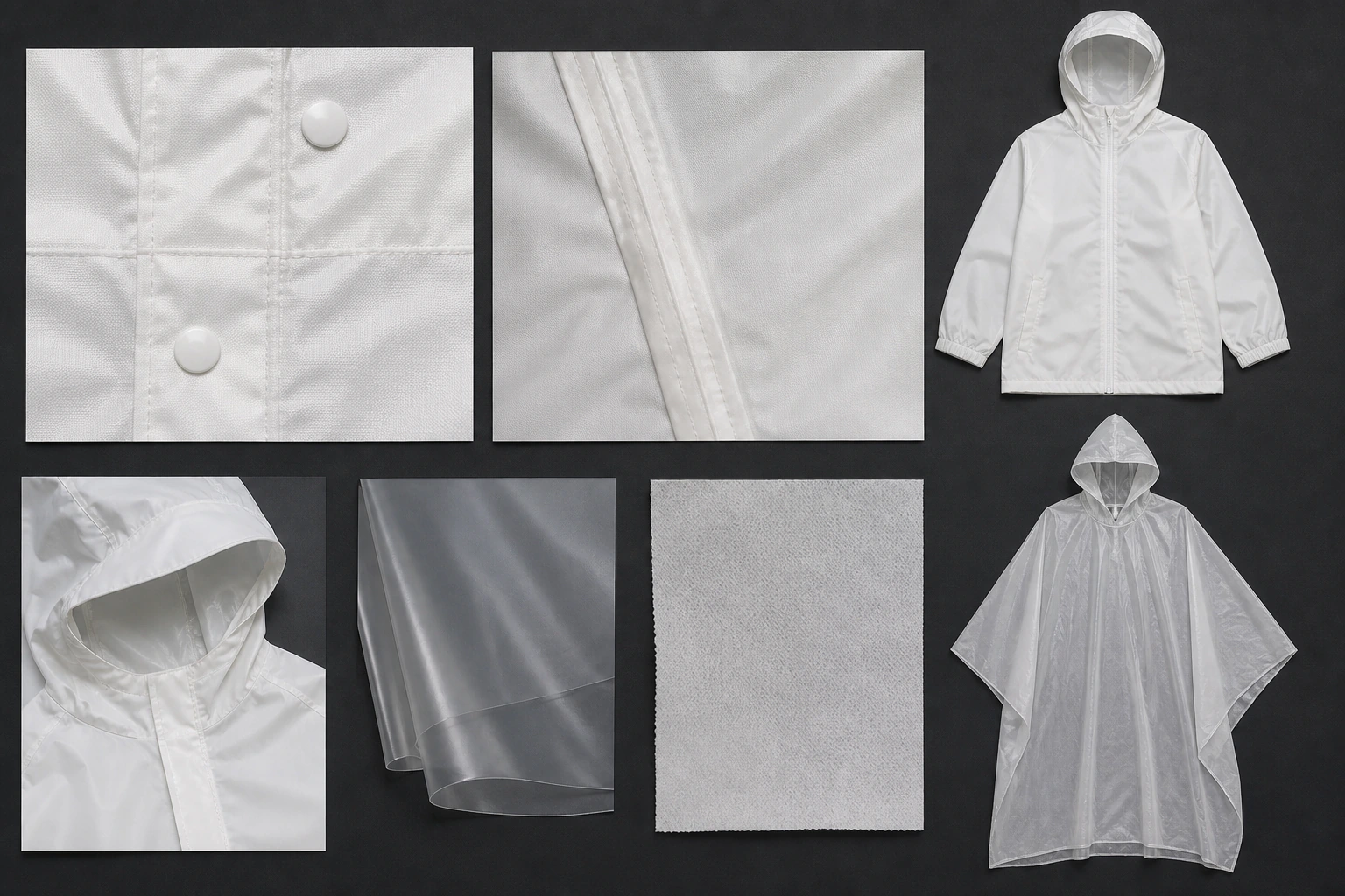 Four distinct flexible material panels with complete hooded jacket and poncho mockups, zipper, snaps and seam strip on a dark review table