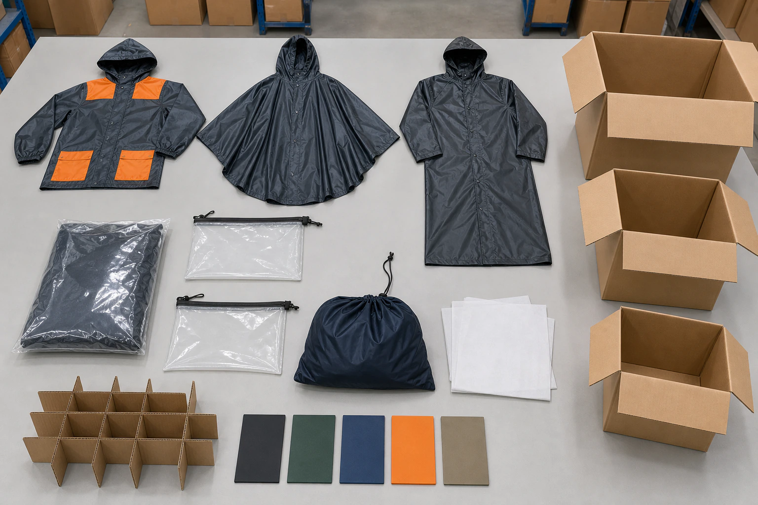 Three distinct complete rainwear forms beside three open plain cartons, two pouches, tissue sheets, dividers and five color allocation tiles