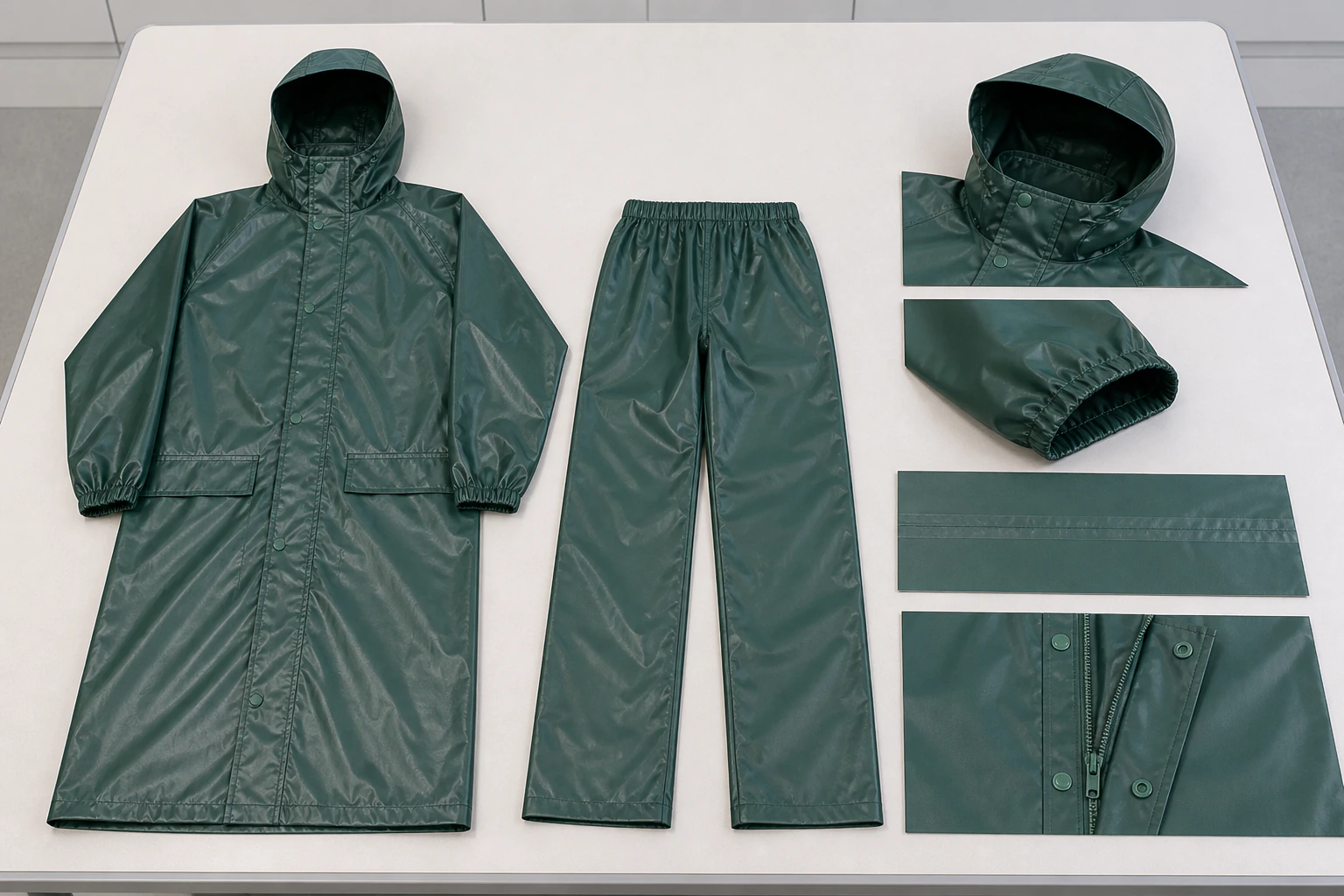 Complete forest-green hooded rain suit beside separate hood-to-collar, cuff, sealed-seam and zipper storm-flap samples