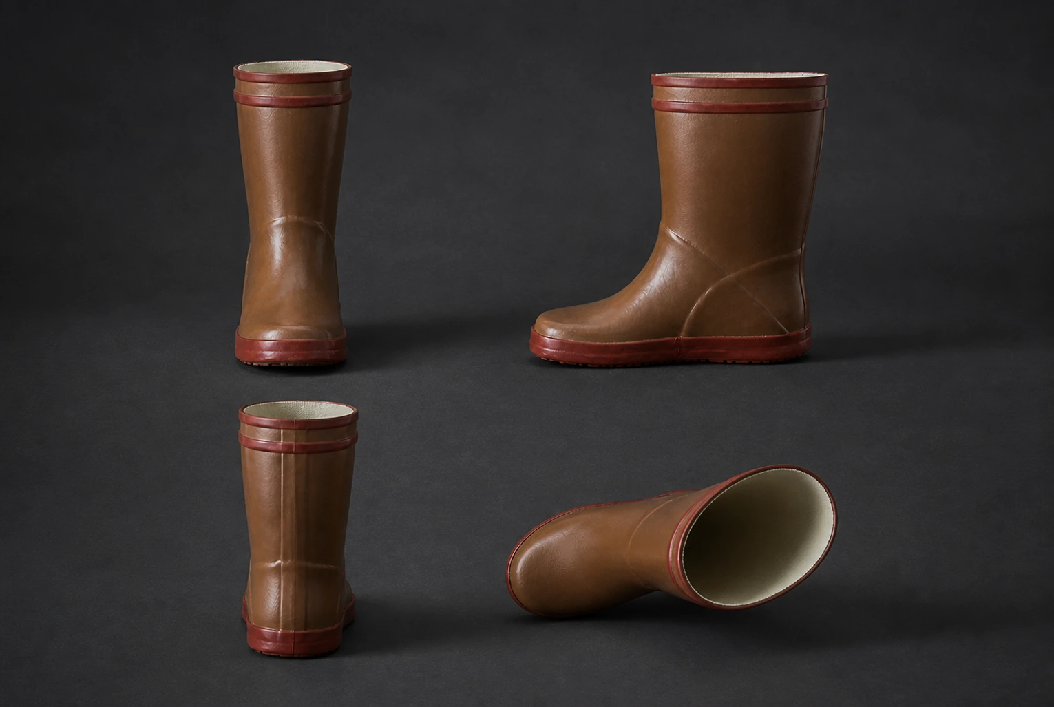 Complete rubber rain boots arranged for a buyer fit and construction workflow