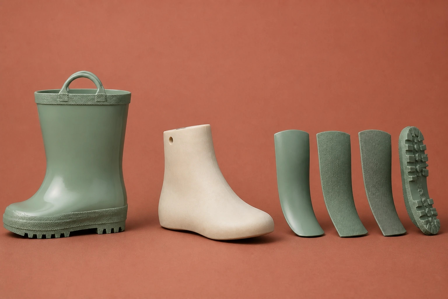 Complete rubber boot with neutral swatches and a last