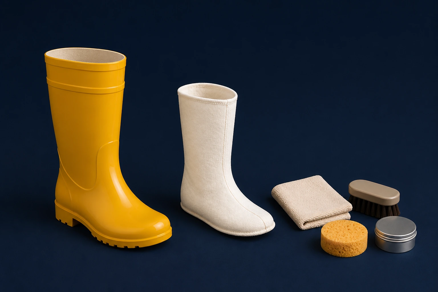 Complete rubber boot beside liner and conditioning objects