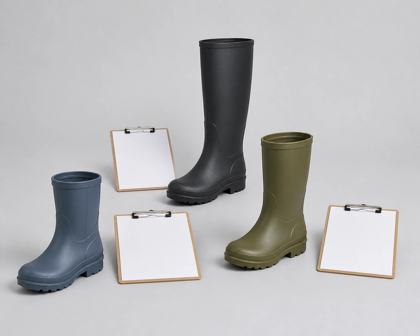 Complete rubber boots beside blank supplier comparison sheets