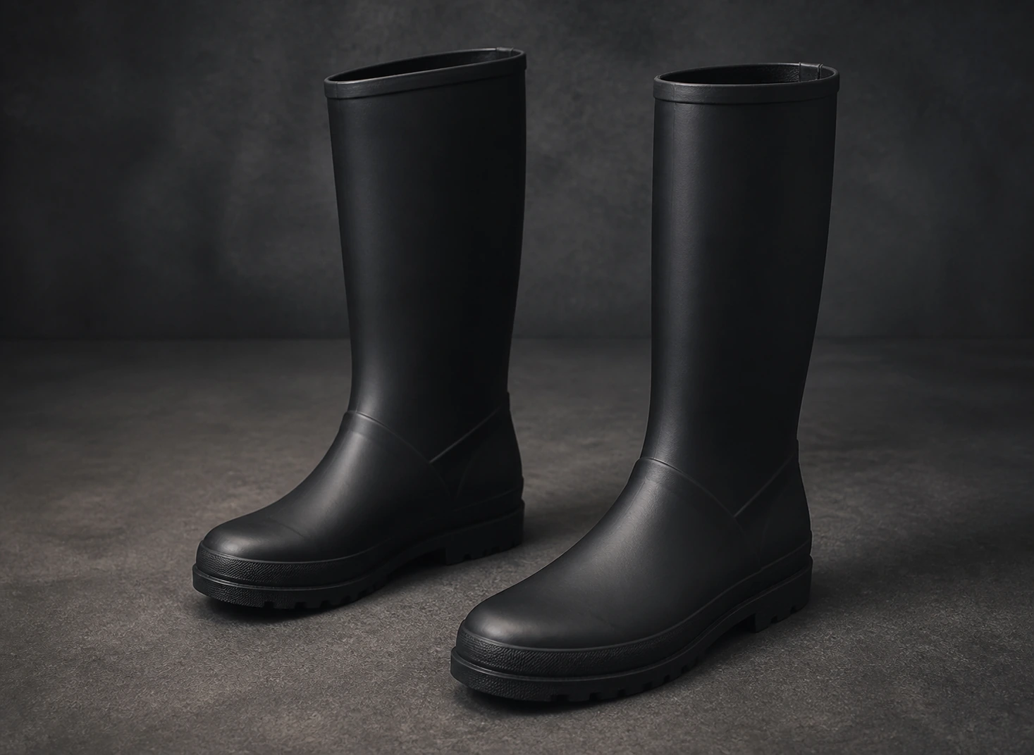Complete black rubber rain boots shown without cropping for importer review