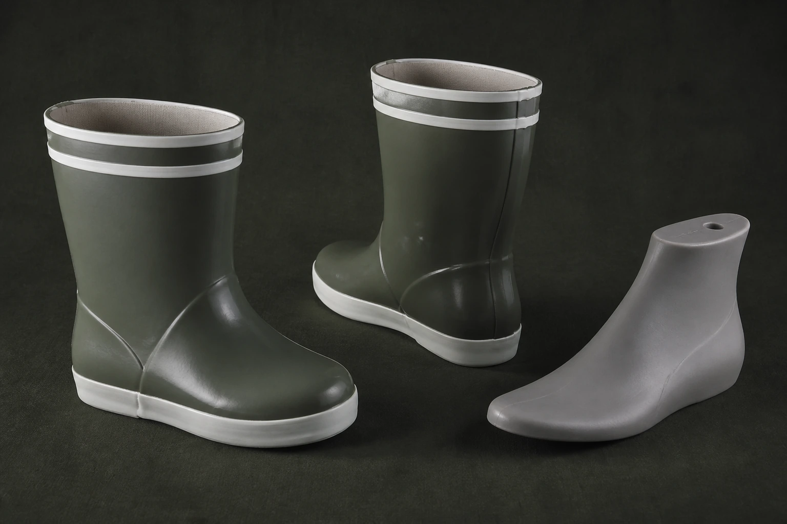 Short rubber boots beside a neutral last for fit review
