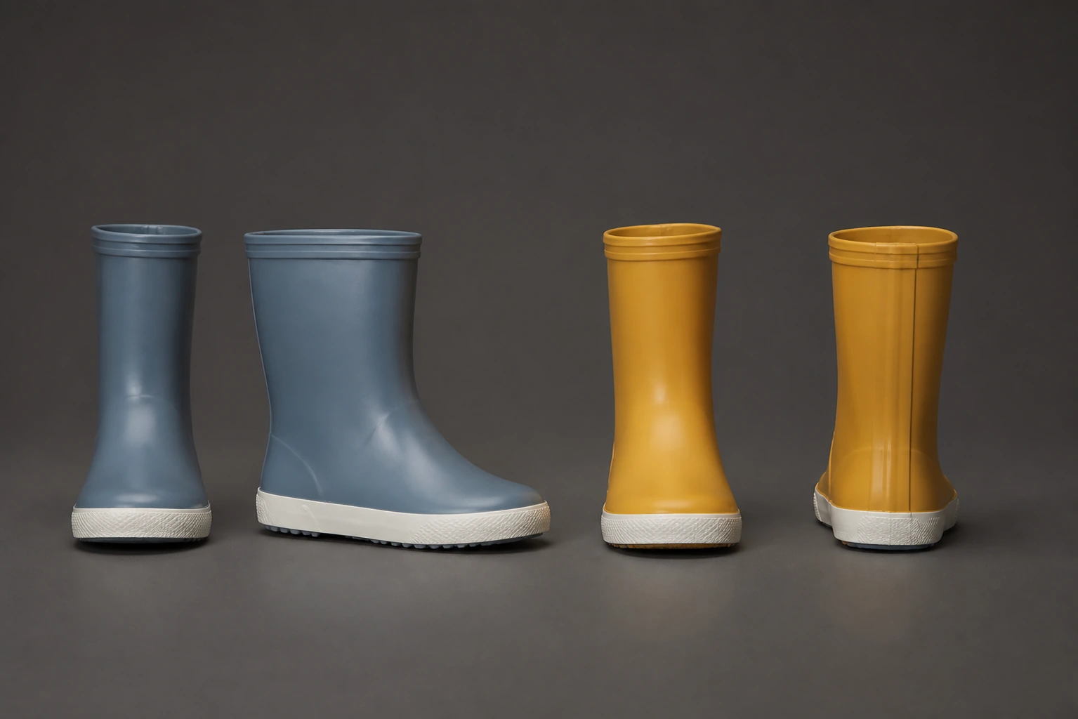 Complete blue and mustard rubber-boot pairs shown without cropping