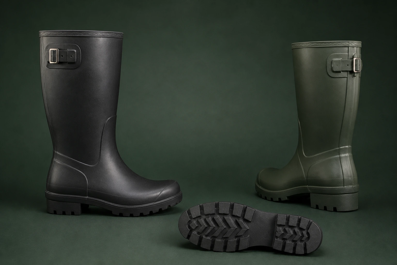 Whole black rubber boots paired with outsole geometry views