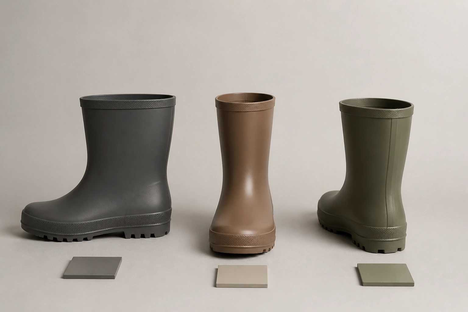 Complete matte rubber boots beside neutral shade references