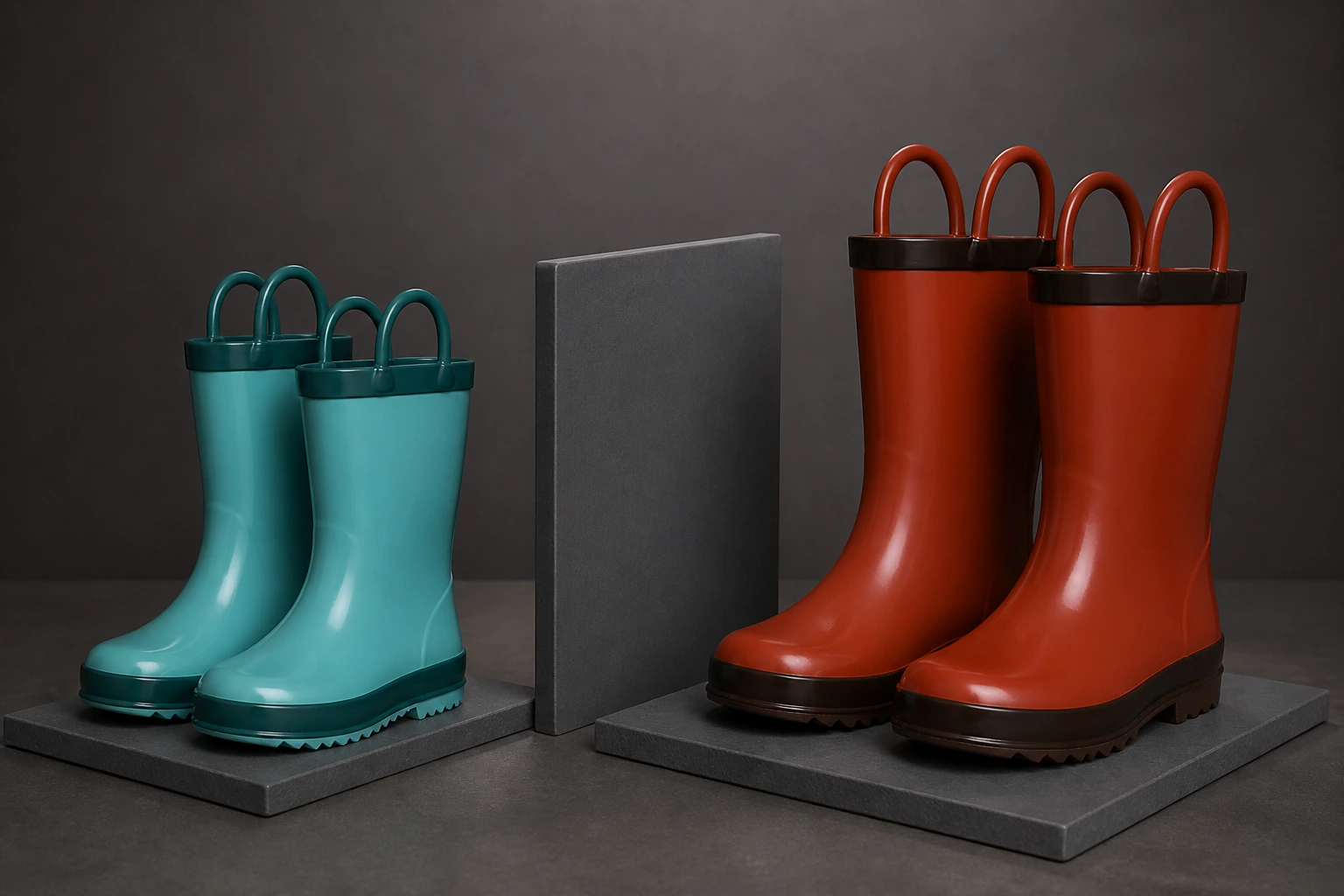 Matched rubber-boot pairs arranged for left-right and size allocation