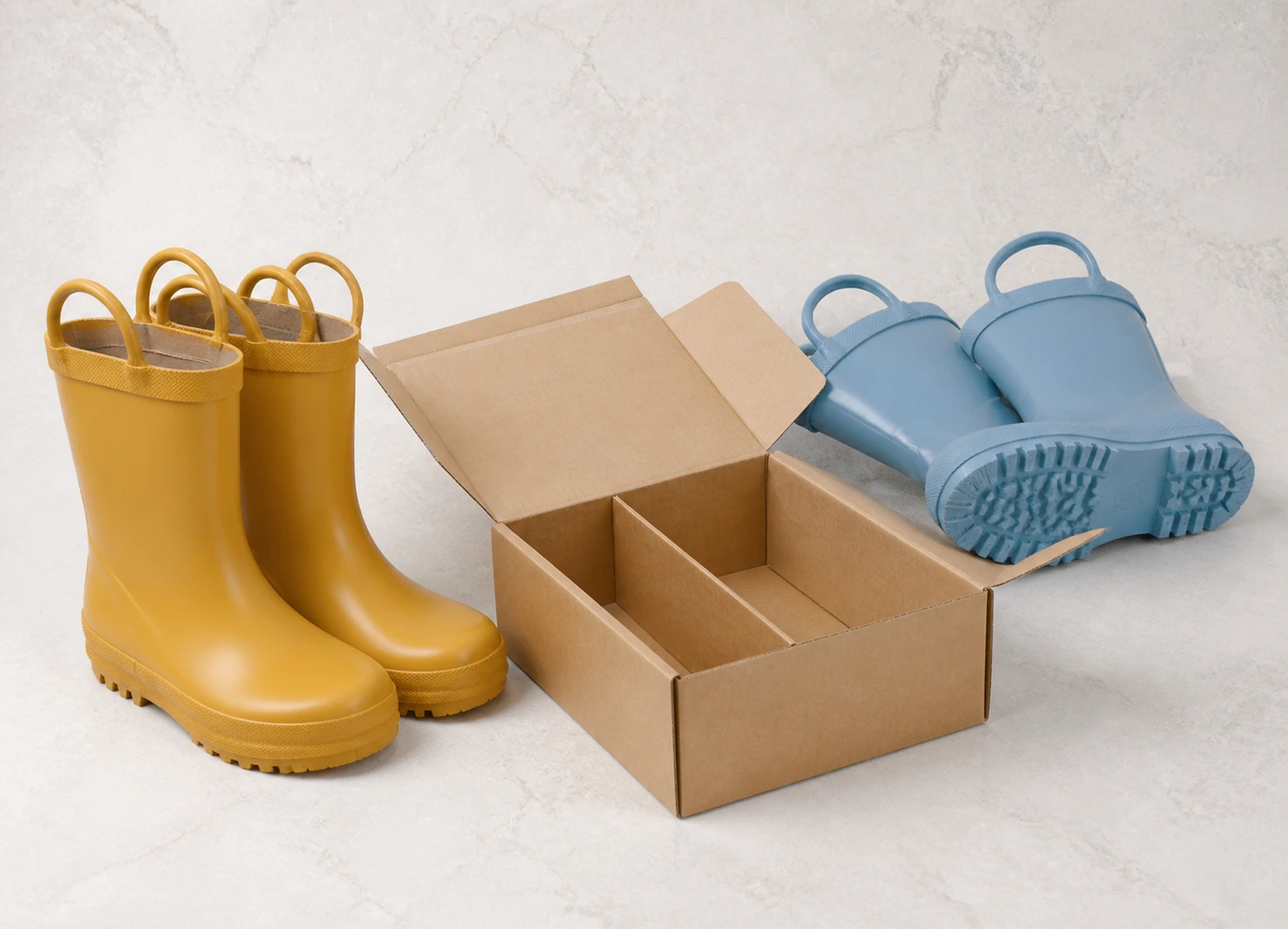 Plain small rubber-boot pair beside an open unmarked carton