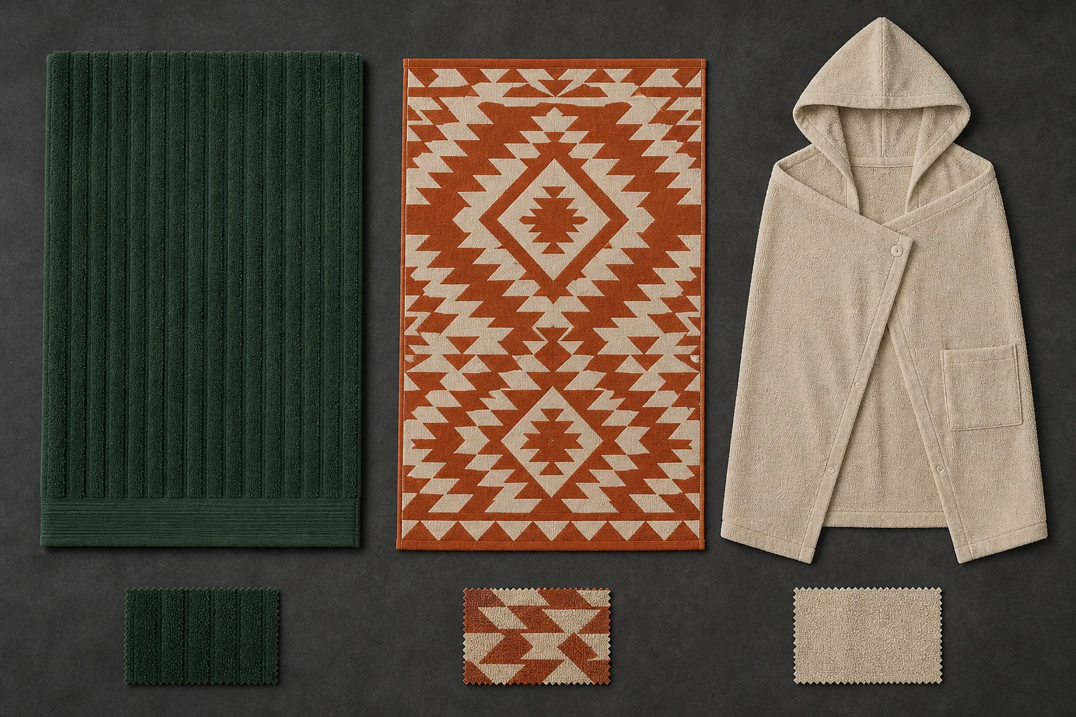 Three complete towel constructions shown together for side-by-side comparison.