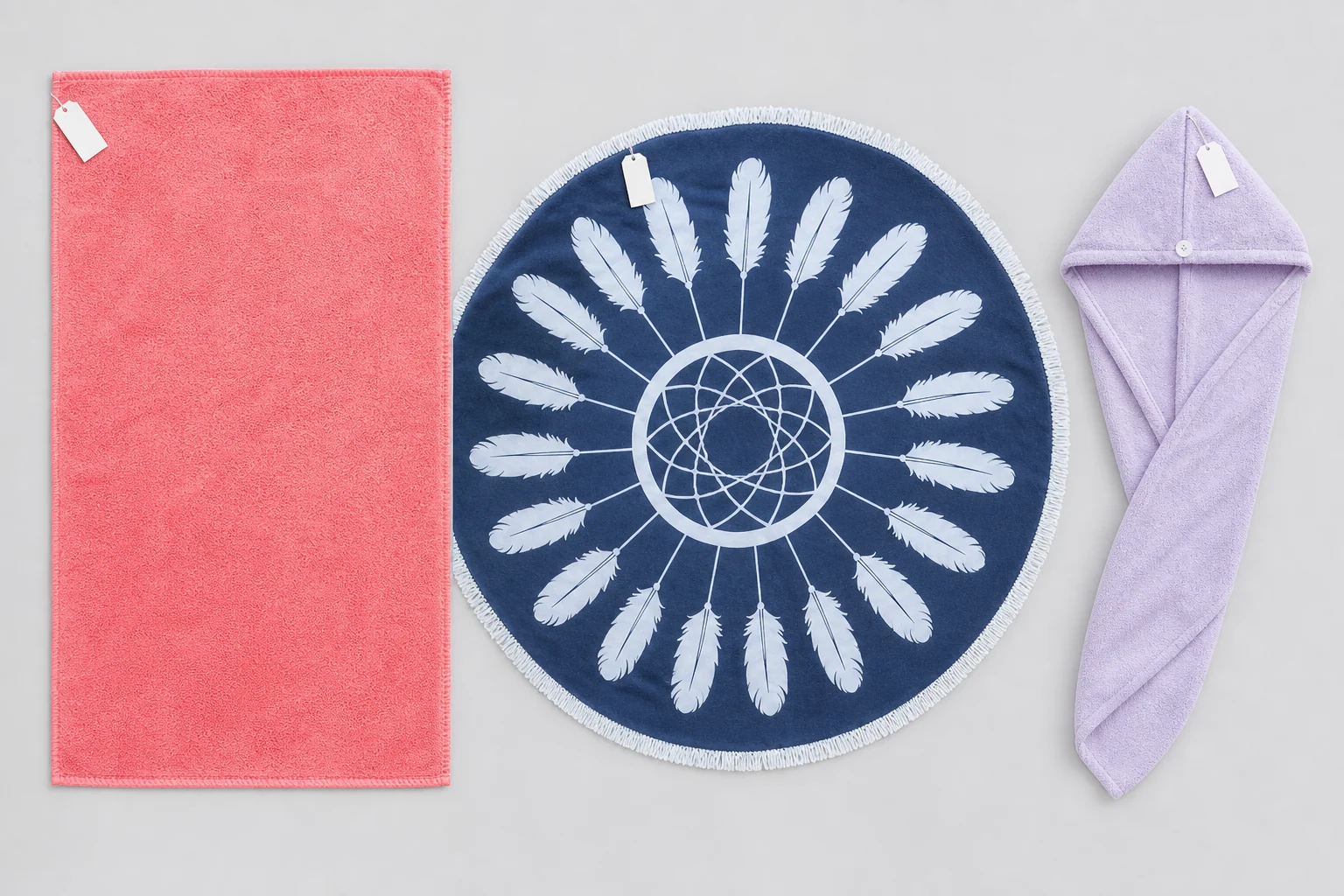 Complete bath, beach and personal-care towel formats shown edge to edge for construction review.
