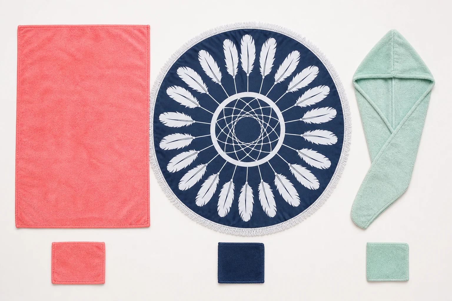 Complete towel family with hems, pattern face, shaped closure and small swatches visible.