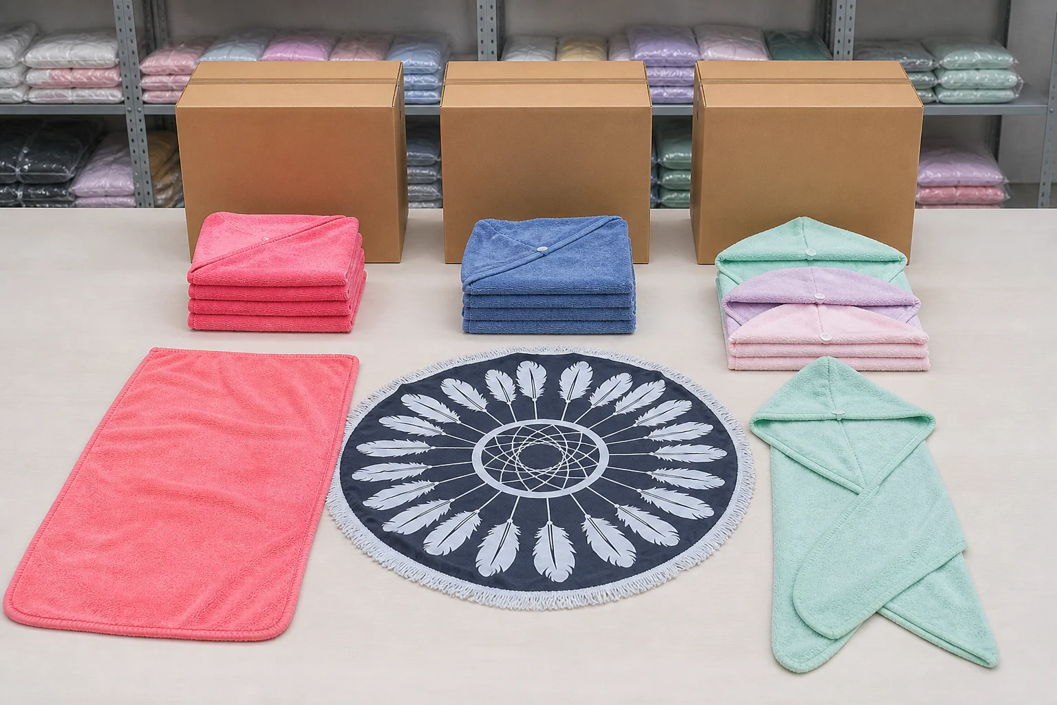 Complete towel units shown with folded stock and plain bulk cartons for packing review.