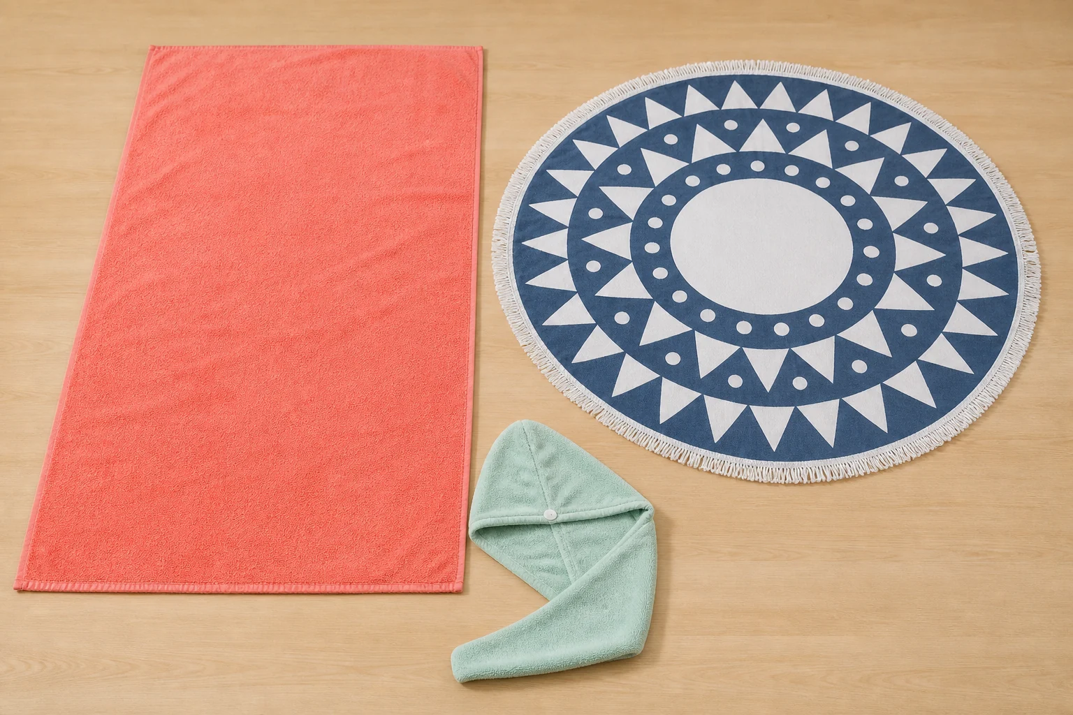Complete bath towel, round beach towel and shaped hair-wrap towel shown without text overlay