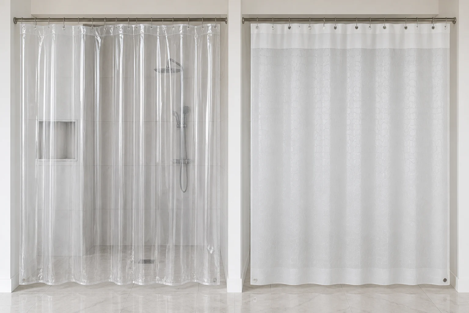 Two complete clear and frosted curtain configurations shown side by side for sourcing comparison.