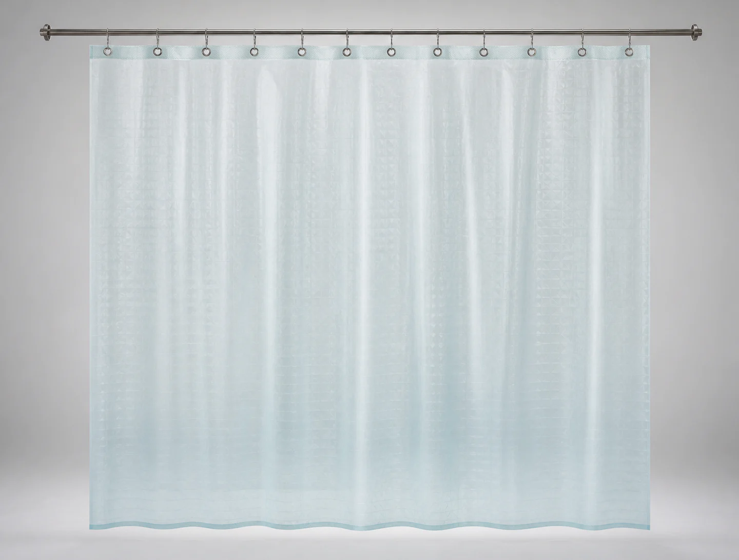 Complete pale-blue embossed curtain for appearance and finished-shape review.
