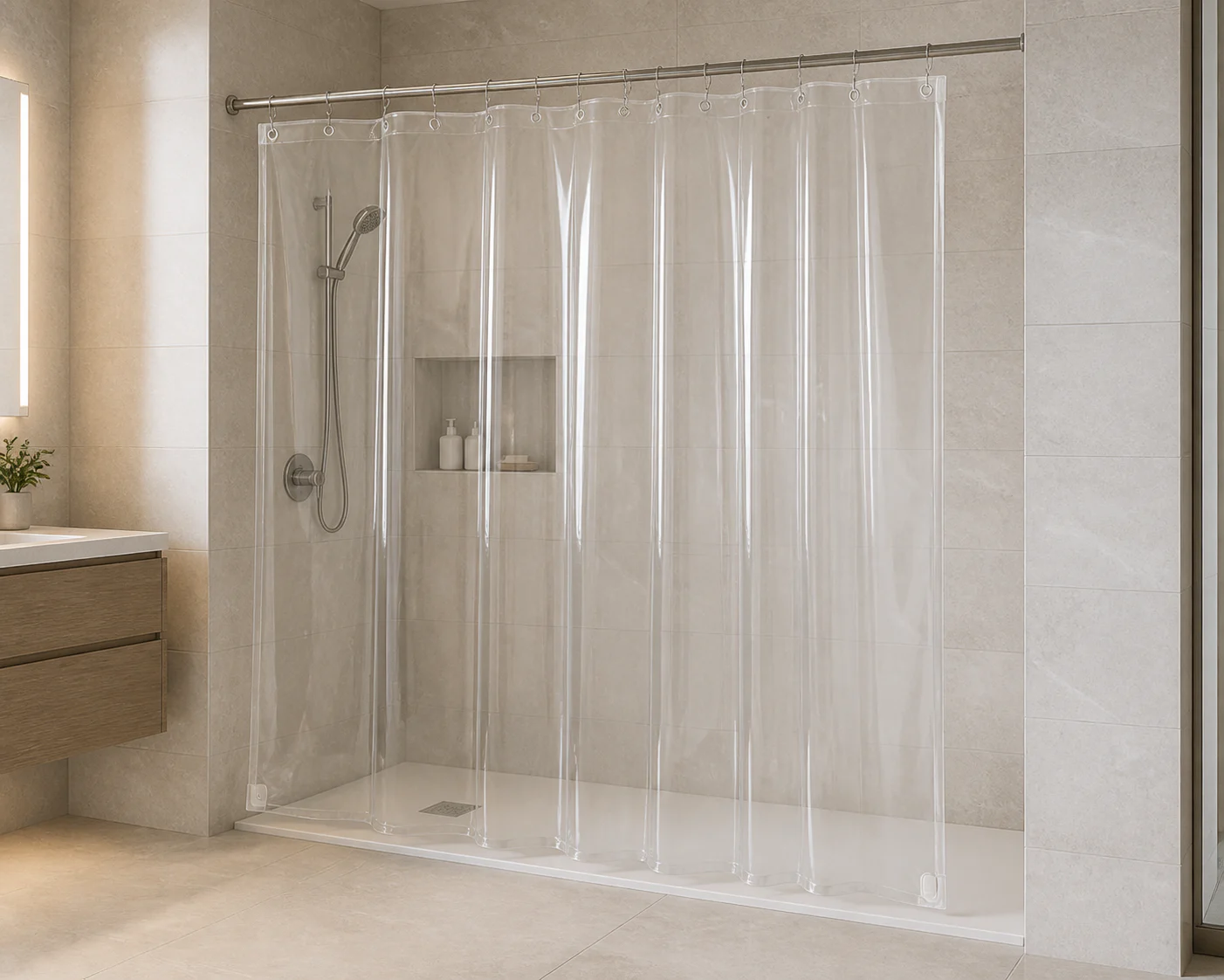Complete clear curtain shown in a representative hospitality shower without any text overlay.