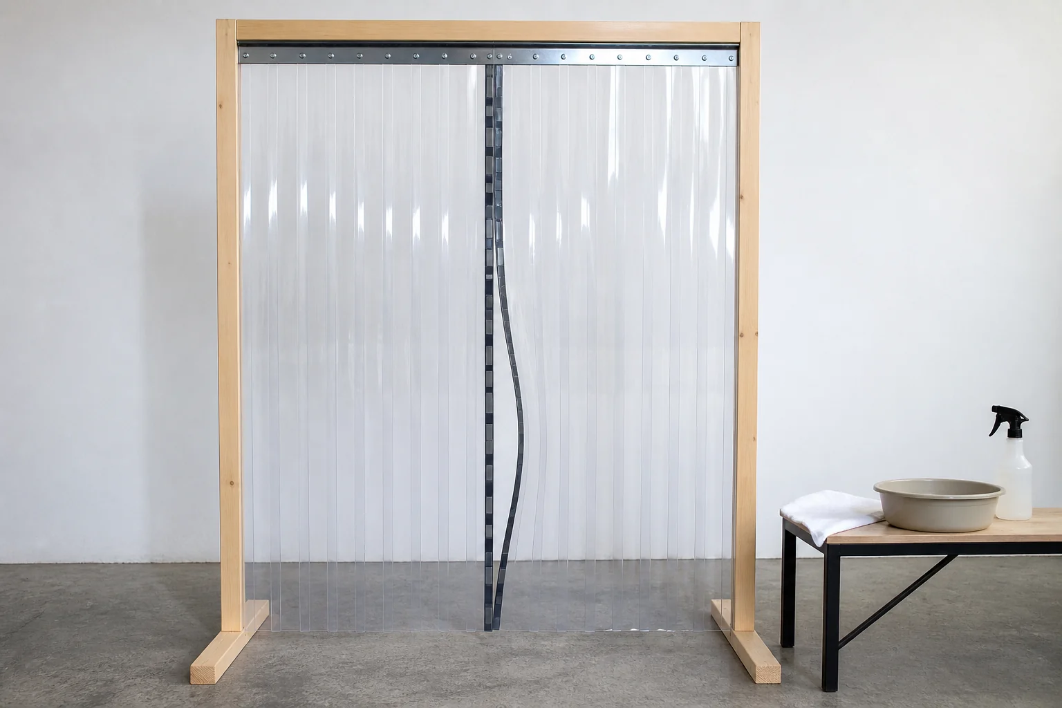 Complete installed curtain with neutral care tools for service-route planning.