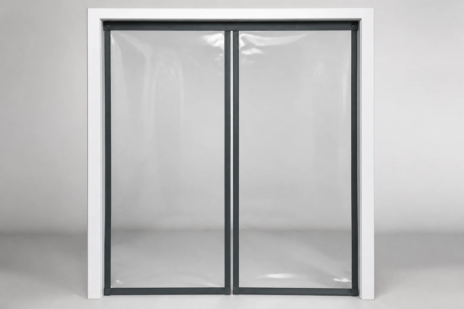 Complete magnetic twin-panel curtain in a test frame for center-edge alignment review.